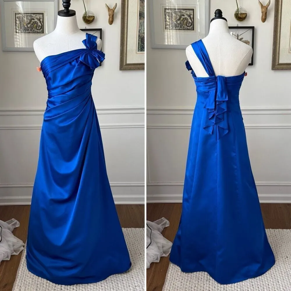 David’s Bridal One Shoulder Satin Ballgown with Fan Detail Cobalt Blue Horizon 8 - Image 2
