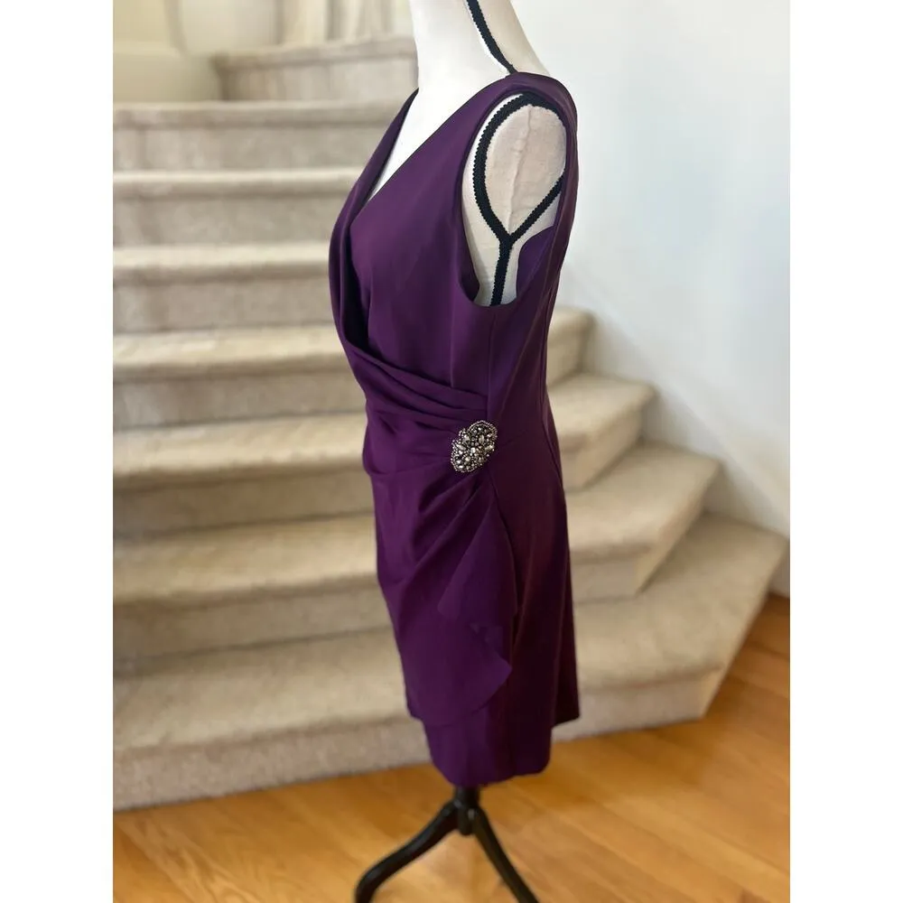 Alex Evenings Dark Purple Draped Embellished Sleeveless Sheath Dress - Image 4