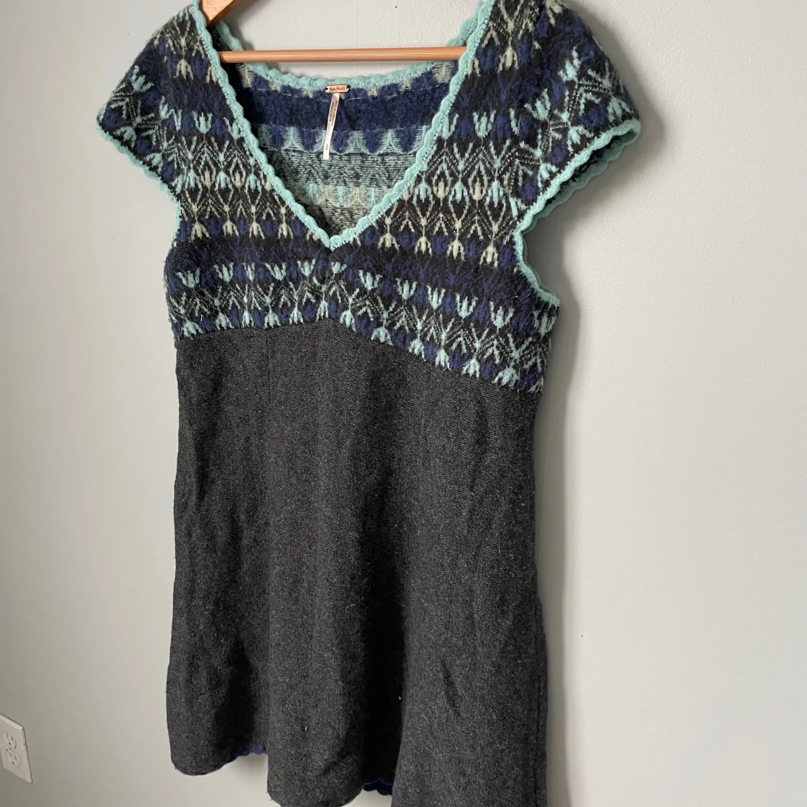 Free People Wool Knit Fair Isle Sweater Dress Teal Blue Charcoal Gray Size Large - Image 3