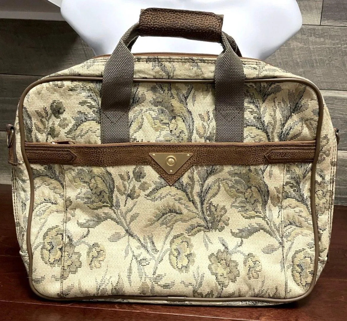 Vintage  Tapestry Messenger / Laptop Bag Cream Brown and Green Floral - Image 2