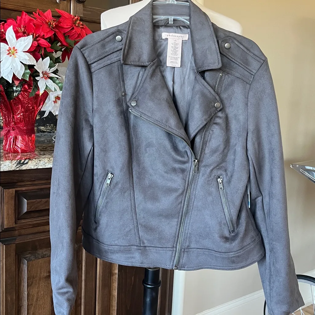 Jacket Philosophy Charcoal Gray Faux Suede Leather Womens Large New - Image 9