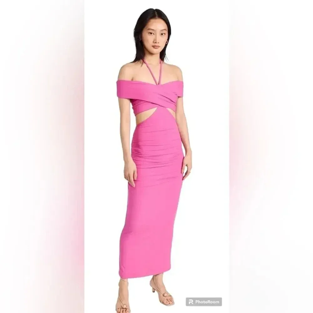JONATHAN SIMKHAI NWT Akane Shaping Rib Off Shoulder Cutout Halter Tie Dr…‎ Pink - Image 3
