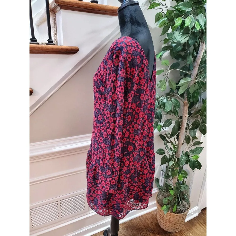 Velzera Boho Blue & Red Floral V-Neck Long Sleeve Knee Length Tunic Dress L - Image 6