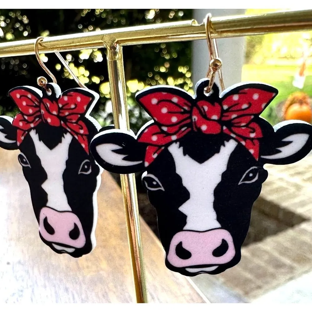 Christmas Cow Earrings Dangle Hooks Handmade New Heifer Calf Bovine Farm… Black - Image 3