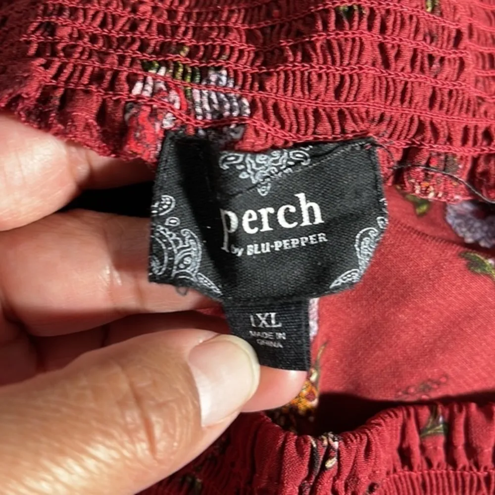 Perch Blu Pepper Off Shoulder Maroon Floral Blouse Bohemian Size XL EUC #1443 - Image 3