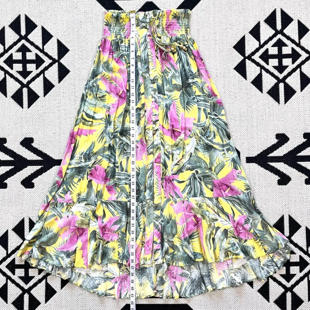 Tropical Floral Button Front Smocked Waist Maxi Skirt Large - Image 3