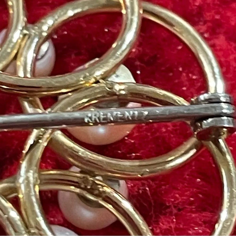 VTG Krementz infinity circle overlay gold filled and cultured pearl brooch pin - Image 3