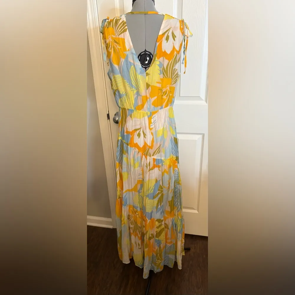 1 STATE Floral Maxi Yellow Sleeveless Elastic Waist V Back Dress, Small - Image 2
