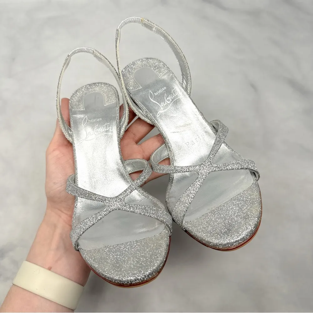 Christian Louboutin Emilie 100 Glitter Slingback Stiletto Sandal Heels Silver 35 - Image 8