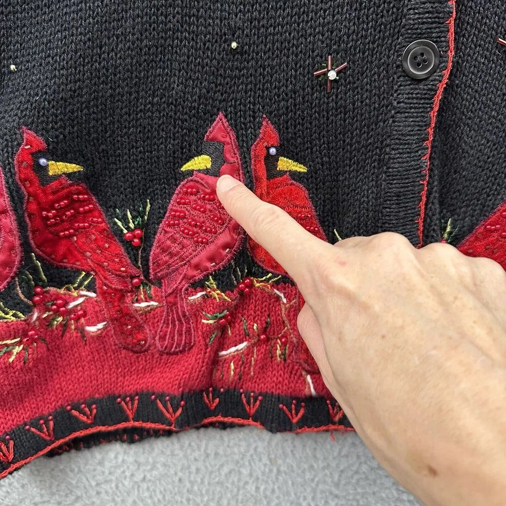 Vintage White‎ Stag Knit Cardigan Sweater Cardinal Embroidered Beaded W 18W 20W - Image 2