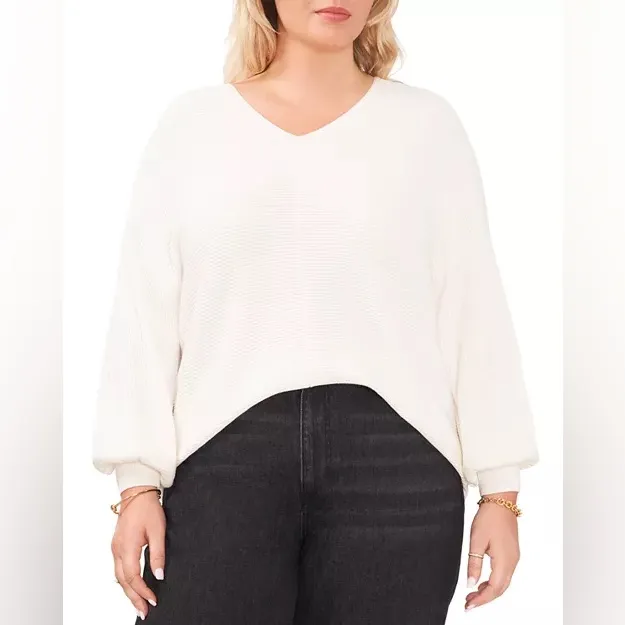 1. State Ivory V-Neck Sweater with Balloon Sleeves - Image 2