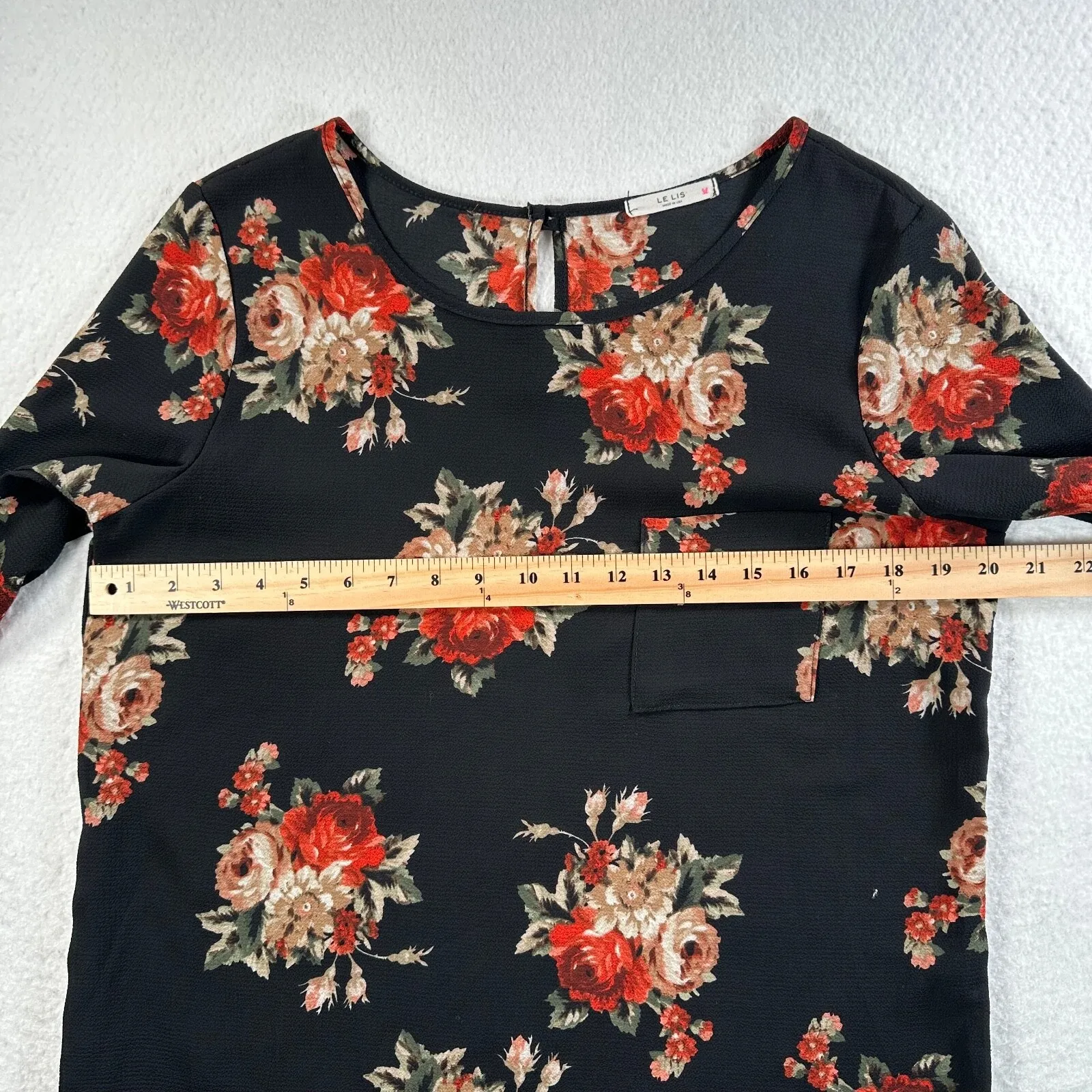 Le Lis Black Floral Blouse Top Womens Size Large Pocket Round Neck 3/4 Sleeve - Image 5