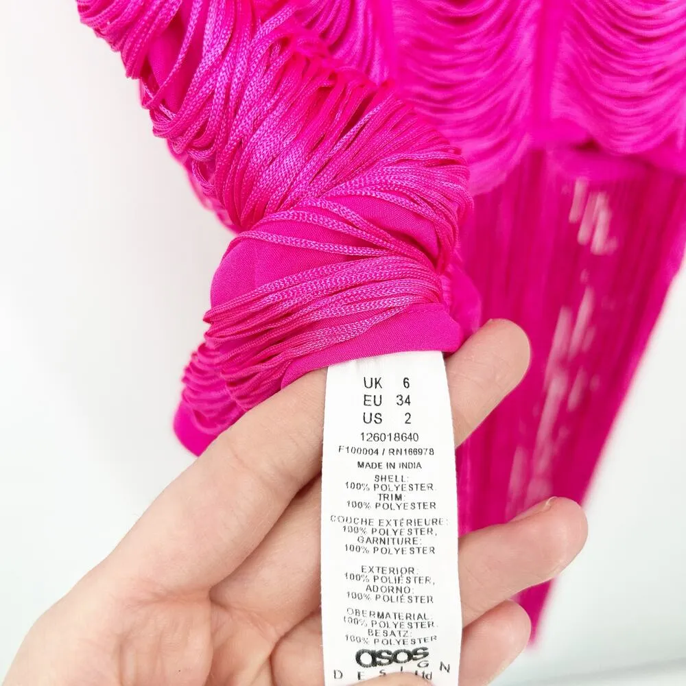 ASOS Womens Barbiecore Party Dance Fringe Shift Midi Statement Dress Size 2 Pink - Image 9