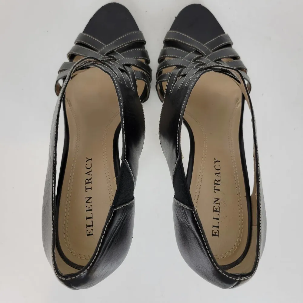Ellen Tracy Ventura Womens Shoes Size 8 Black Leather Peep Toe Strappy Heels - Image 8