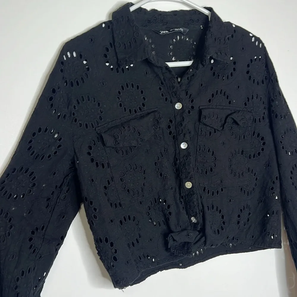 Zara Black Boxy Eyelet Long Sleeve Jacket Top - Image 3