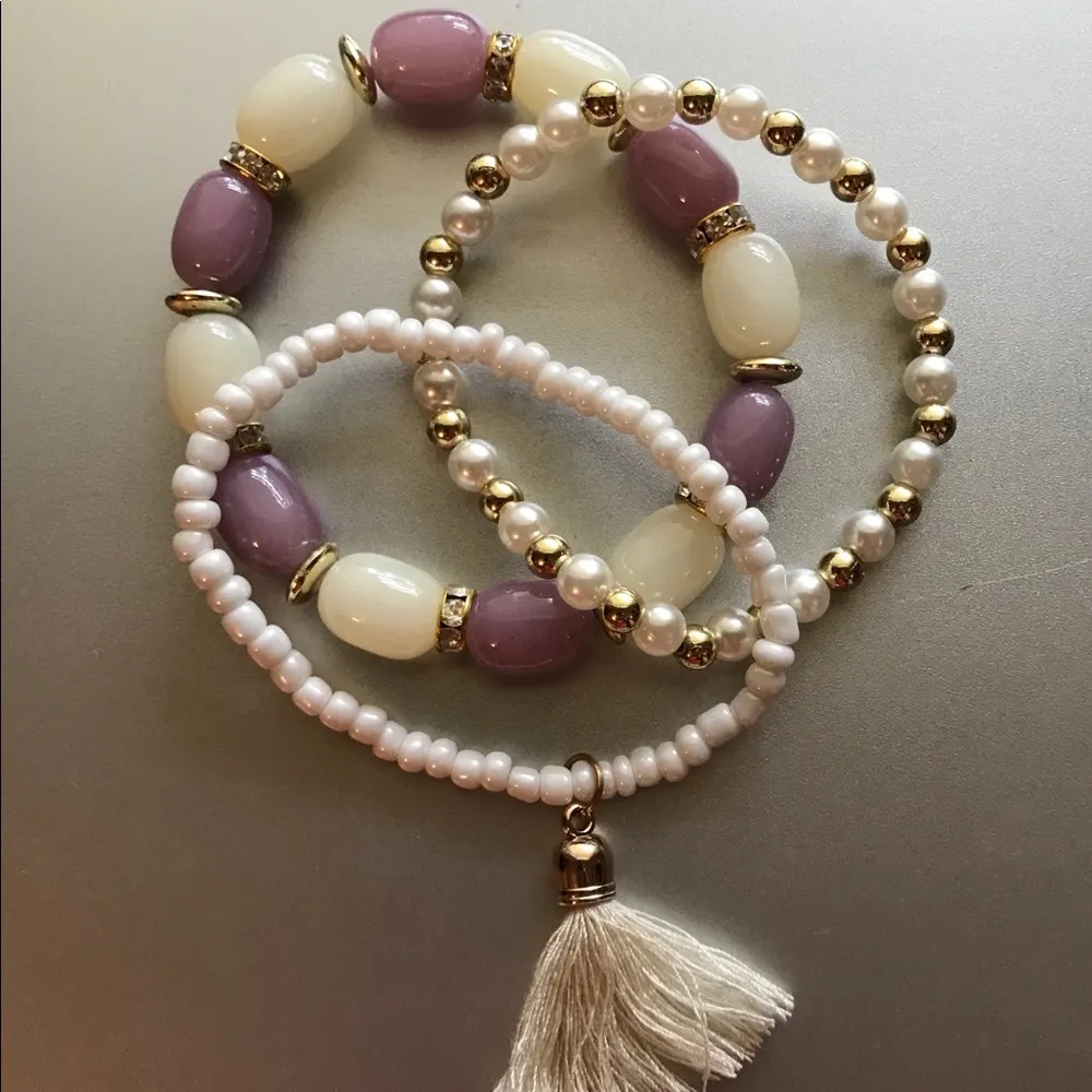 Beaded Stacked Tassel Bracelet Set Lilac 1 Set - Image 4