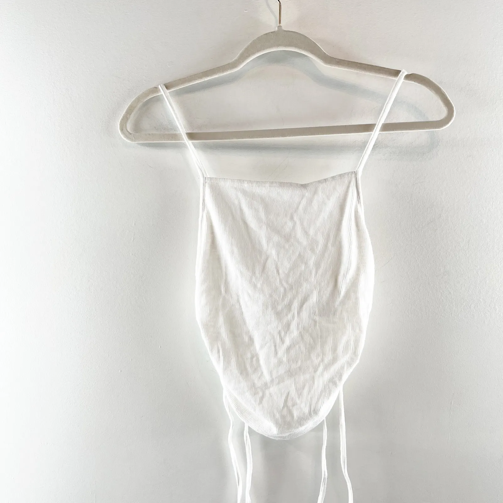 Aerie Square Neck Ribbed Side Ruched Tie Cropped Tank Top Cami White XS - Image 3