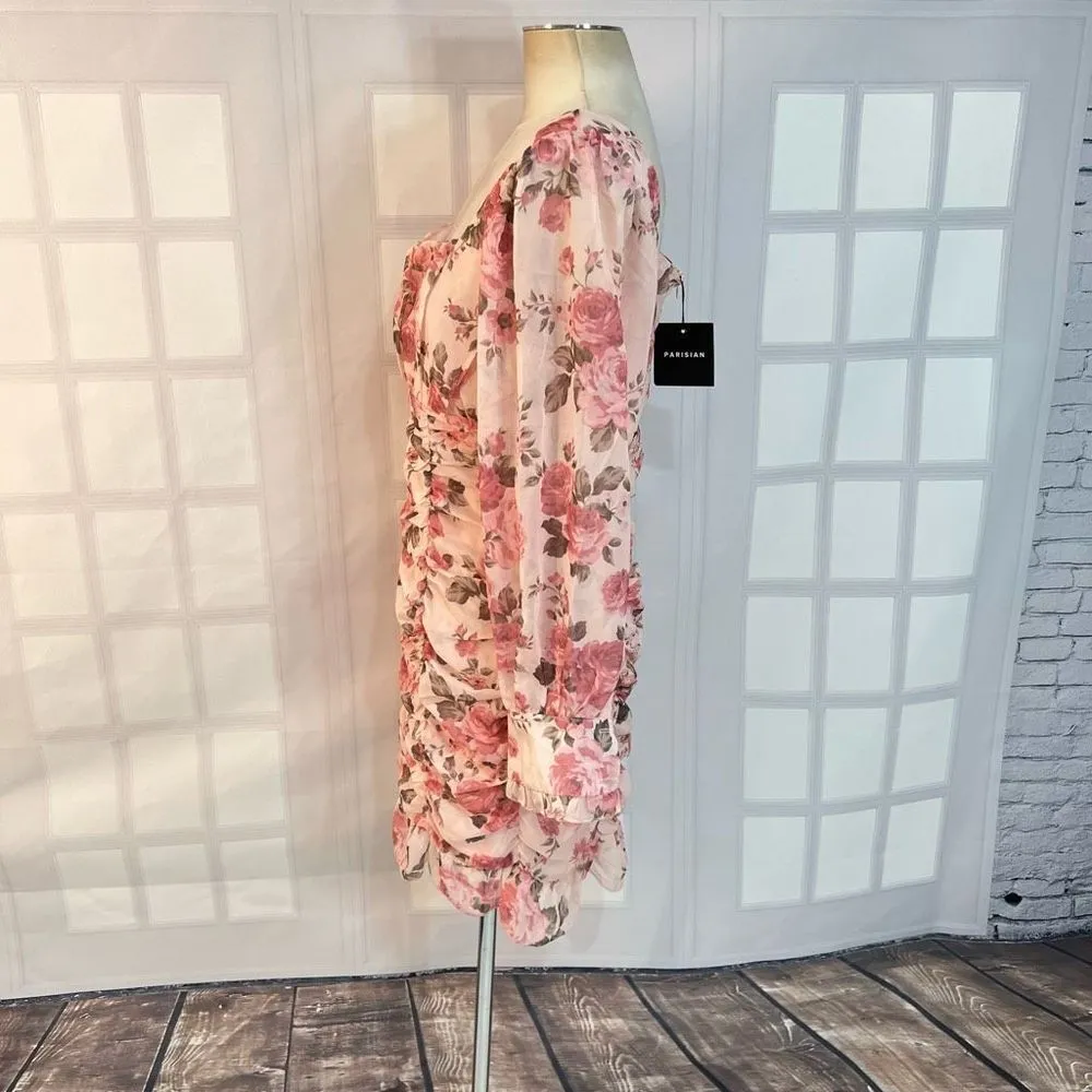 Parisian Floral Ruched Puff Sleeve Mini Dress Pink Size 12 NWT - Image 6