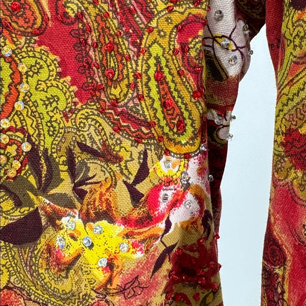 Candy Couture Red Paisley Women's Blouse S cotton sequin beaded colorful LS - Image 11