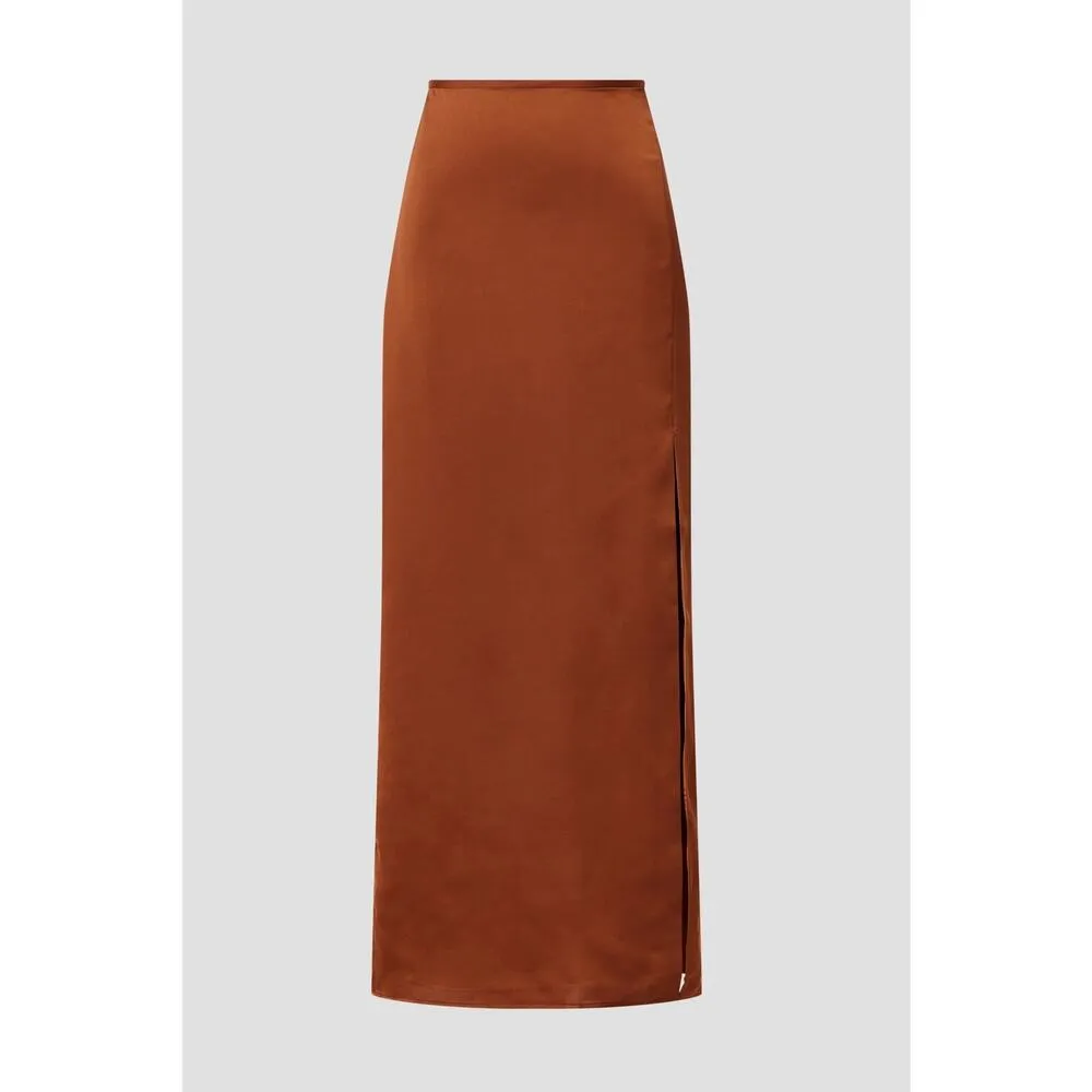 Club Monaco Trycia Brown Slit Satin Bias Midi Skirt Size 6 - Image 5