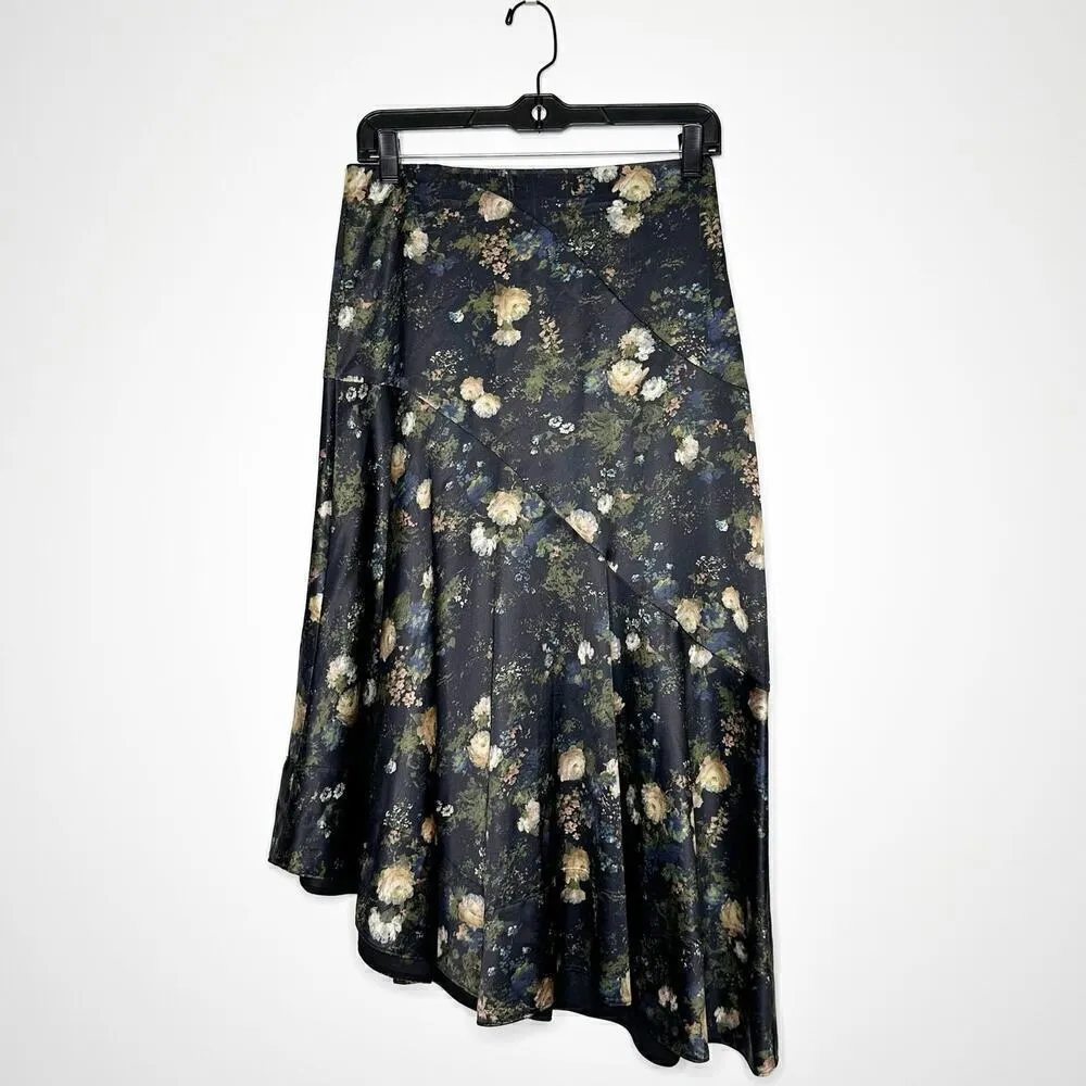 Vince Floral Satin Asymmetrical Skirt Petal Glow Rose Field Women's Black Size 0 - Image 2