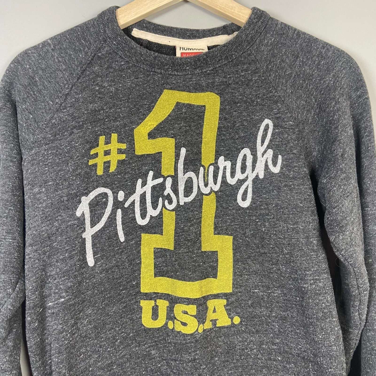 HOMAGE PITTSBURG #1 SUPER SOFT GRAY GOLD‎ CREWNECK SWEATSHIRT SIZE SMALL HEATHER - Image 2