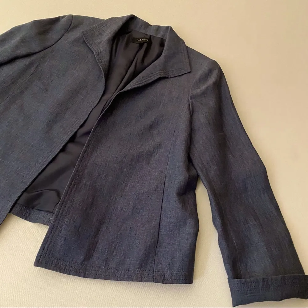 Talbots Blue Linen Open Blazer Flip Up Cuff Handcuffs - Image 2