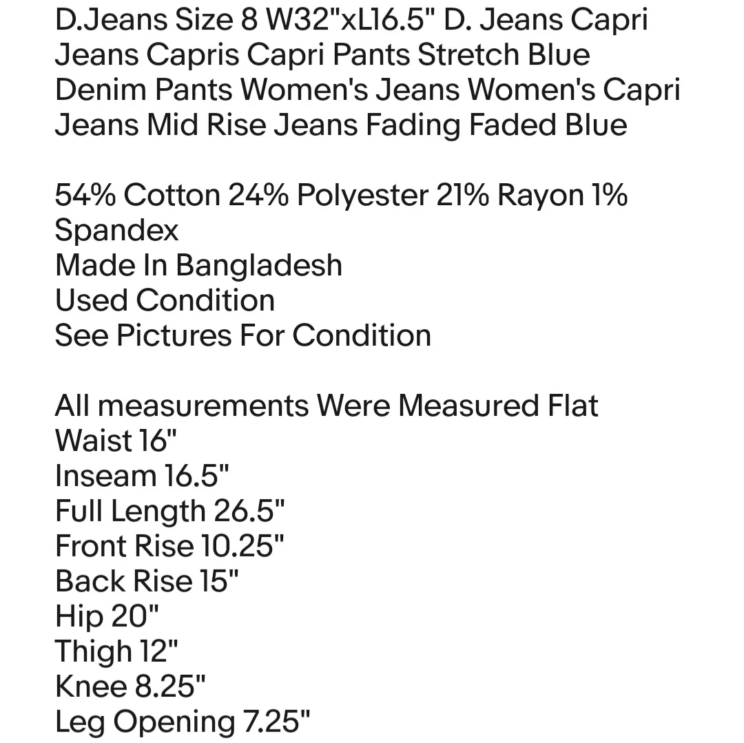 D.Jeans Size 8 W32"xL16.5"  Capri Jeans Capris Capri Pants Stretch Blue Denim Pants Women's - Image 2