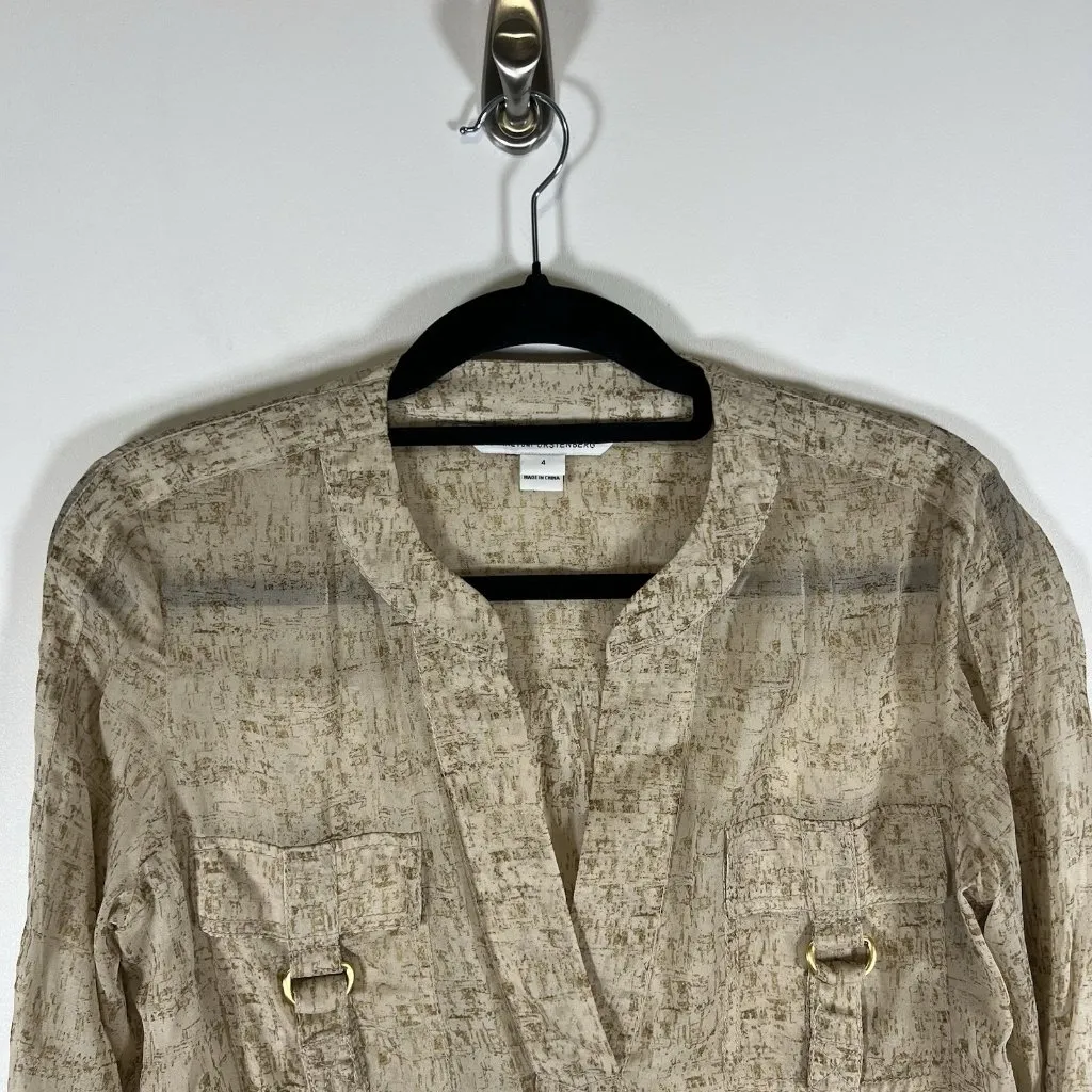 Diane von Furstenberg Beige Brown Sheer Shirt Blouse 100% Silk‎ Sz 4 Designer - Image 2