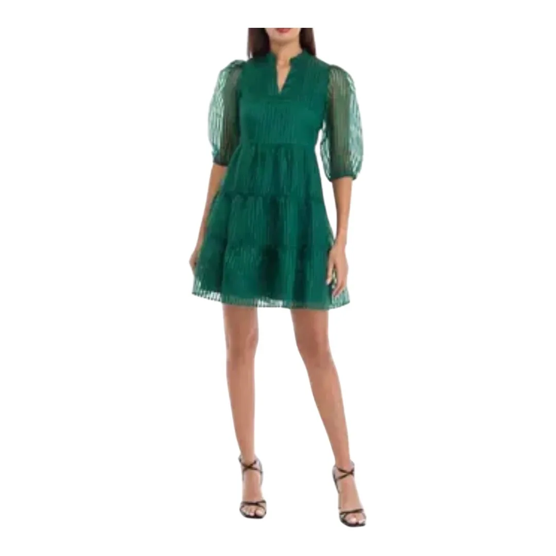 Crown & Ivy Shadow Stripe Tiered Mini Dress‎ Sheer Sleeve Party Green Size Large - Image 2