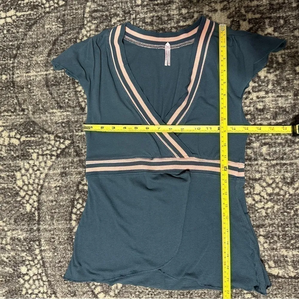 Free People Women’s Size S Gray Pique Pink Trim Surplice Crossover Shirt Top - Image 9