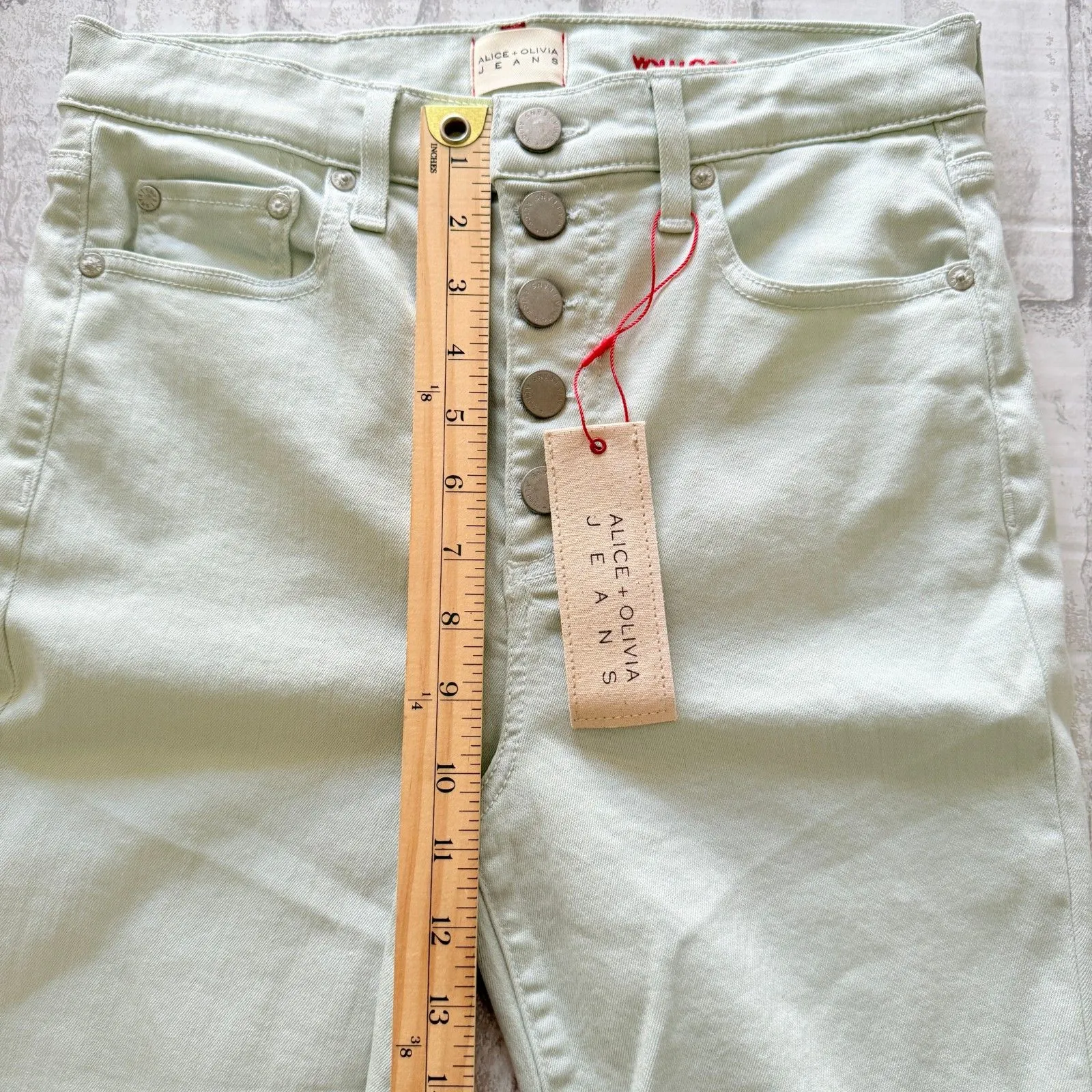 Alice + Olivia Good High Rise Skinny Mint Green Exposed Button Fly Crop Denim 29 - Image 10