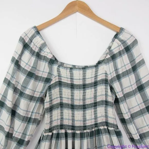NEW Madewell Lucie Elbow-Sleeve Smocked Mini‎ Dress in Lebaum Plaid, M - Image 5