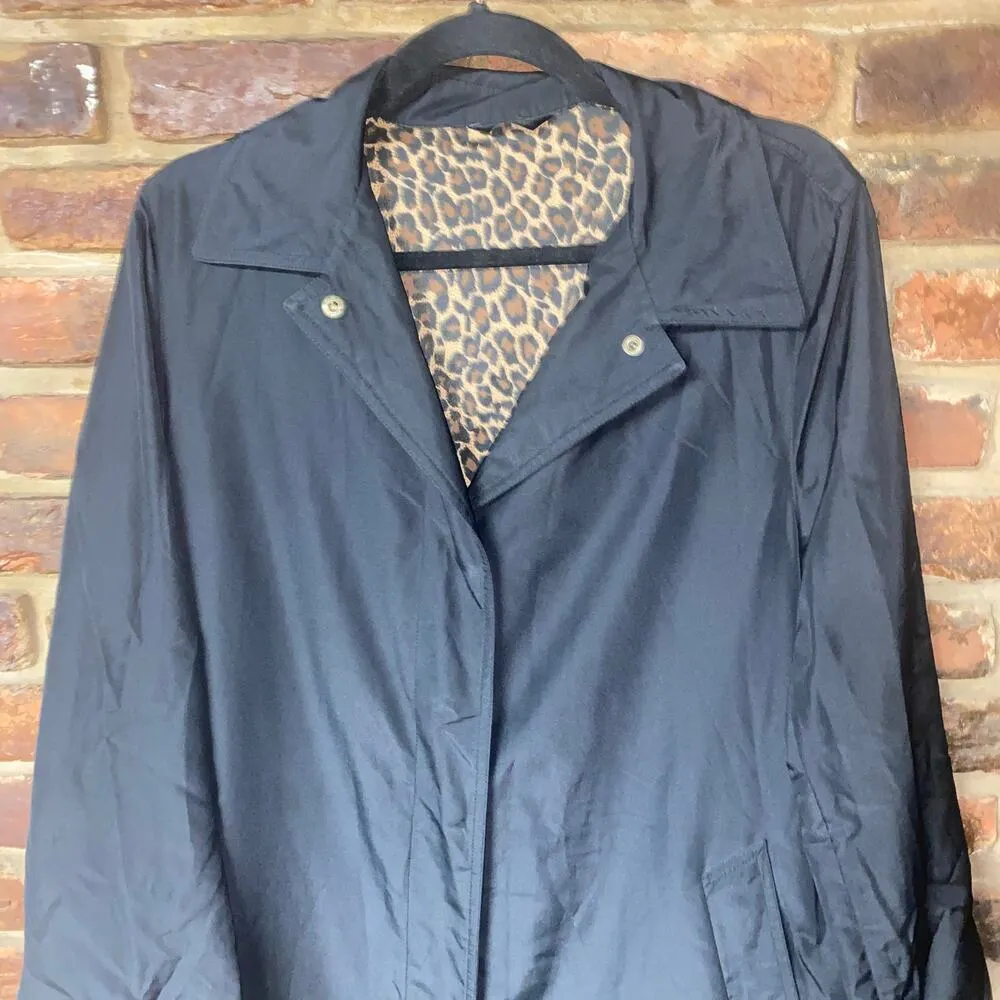 Utex Designs Black Button Down Trench Coat Women's Size Small Leopard Interior - Image 2