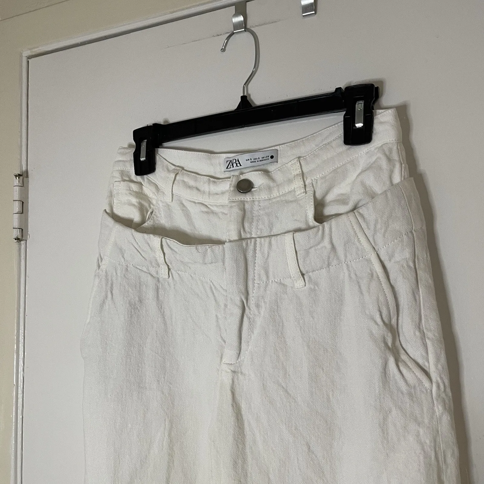 Zara Double Waistband linen blend off white ivory wide leg pants small - Image 3
