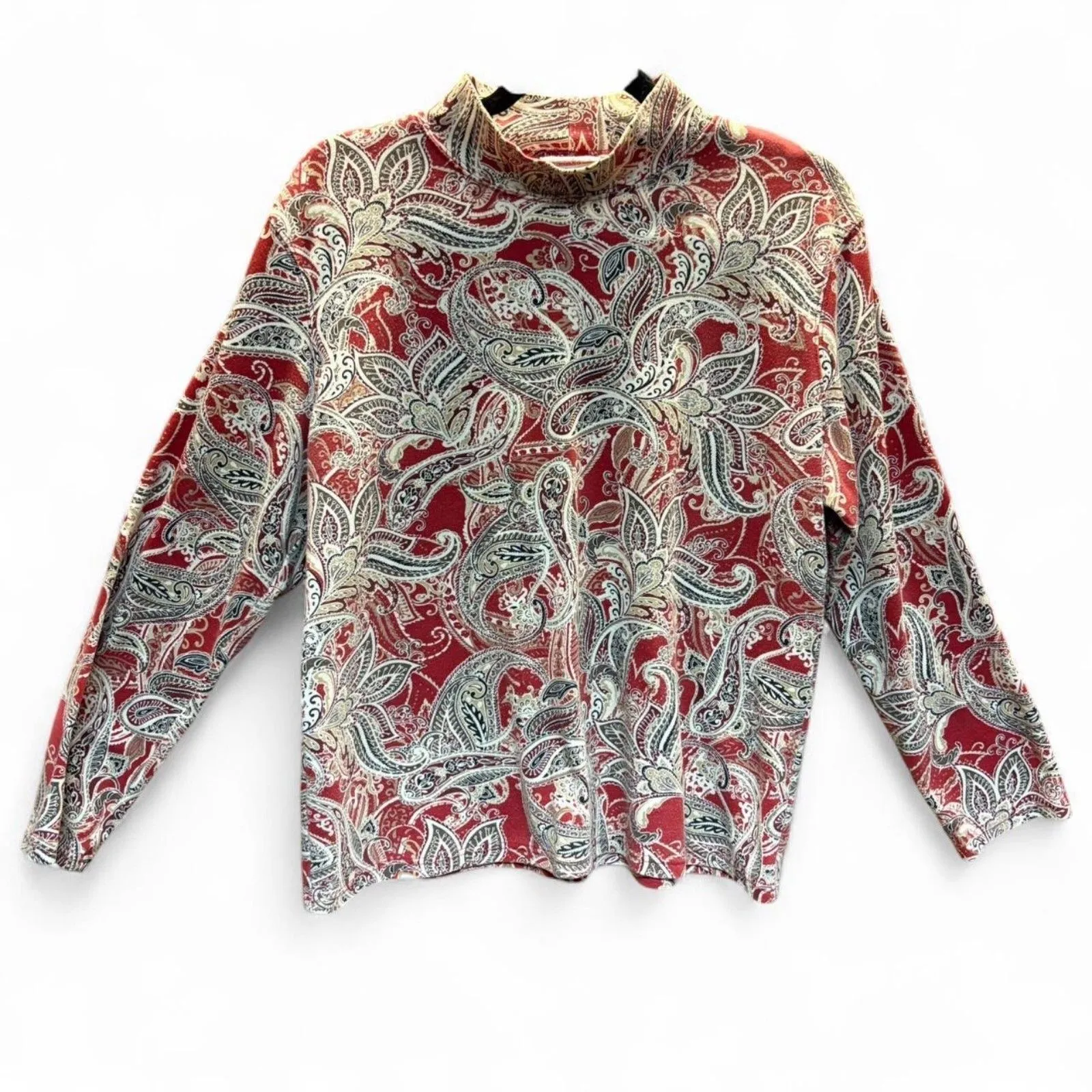 Vintage Red Paisley Mock Neck Long Sleeve Top, Festive Holiday Print size L Size L - Image 3