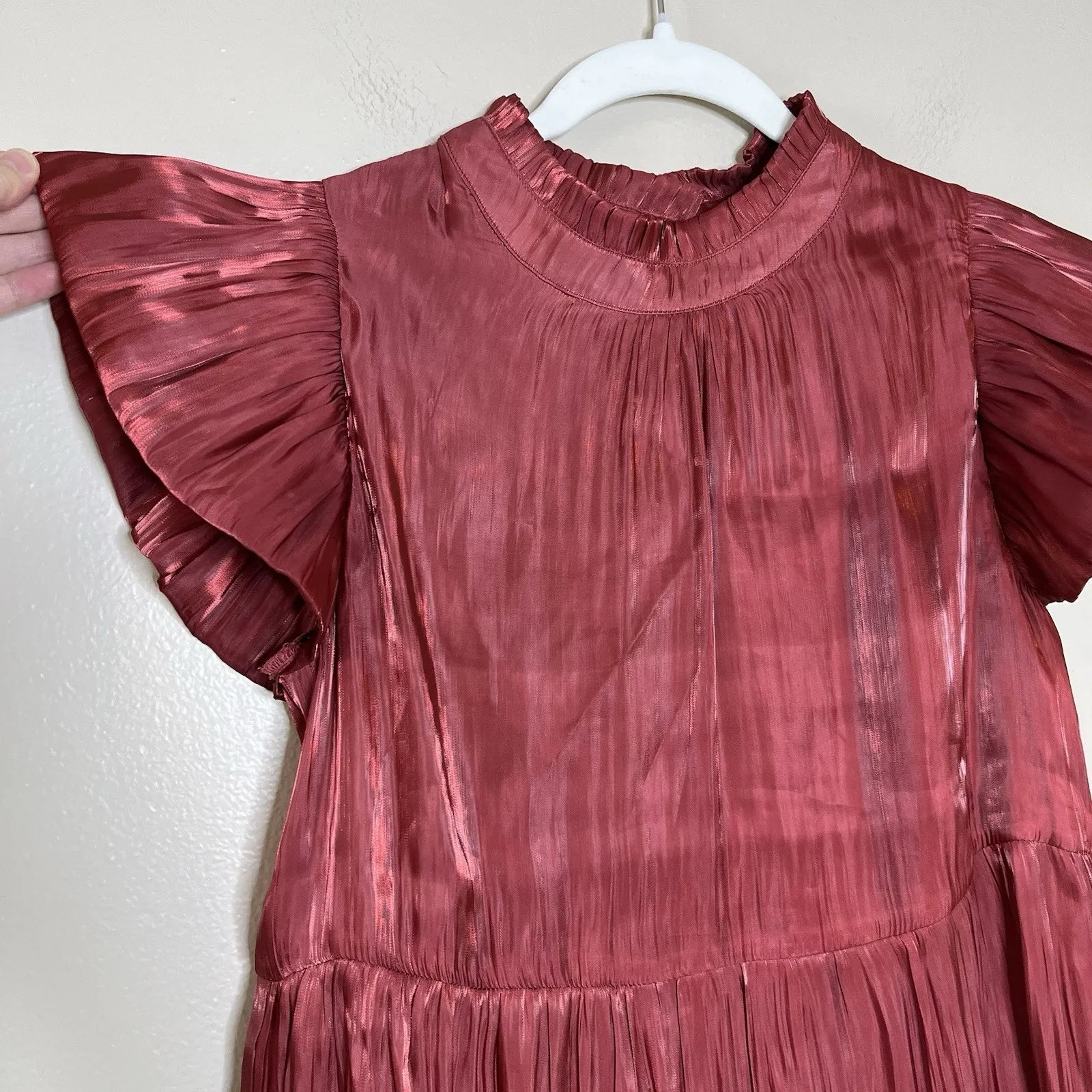 Women's Red Dress Holiday Christmas Shimmer Sparkle Tiered Short Flutter Sleeve - Image 2