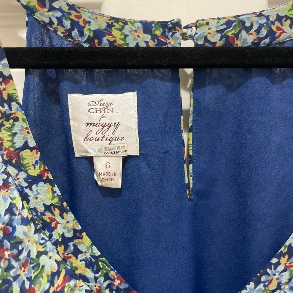 Suzi Chin for Maggy Boutique Blue Floral Sleeveless Ruffle Mini Dress - Image 4