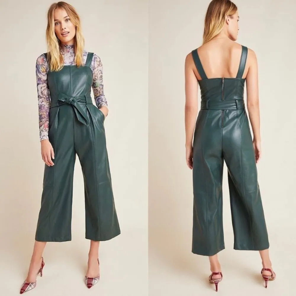 Anthropologie Green Faux Leather Samira Cropped Jumpsuit Sz.2 - Image 3