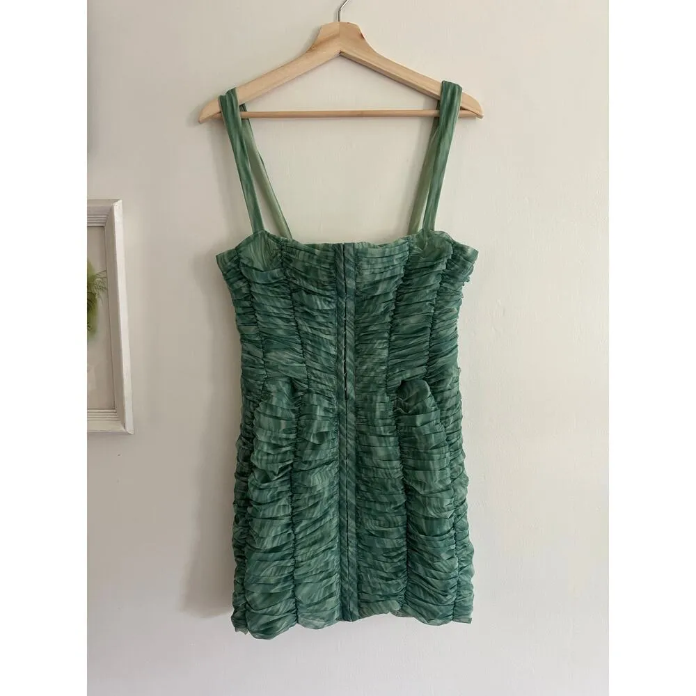 HOUSE OF CB Cate Ivy Print Green Ruched Mesh Mini Dress Size Large+ - Image 6