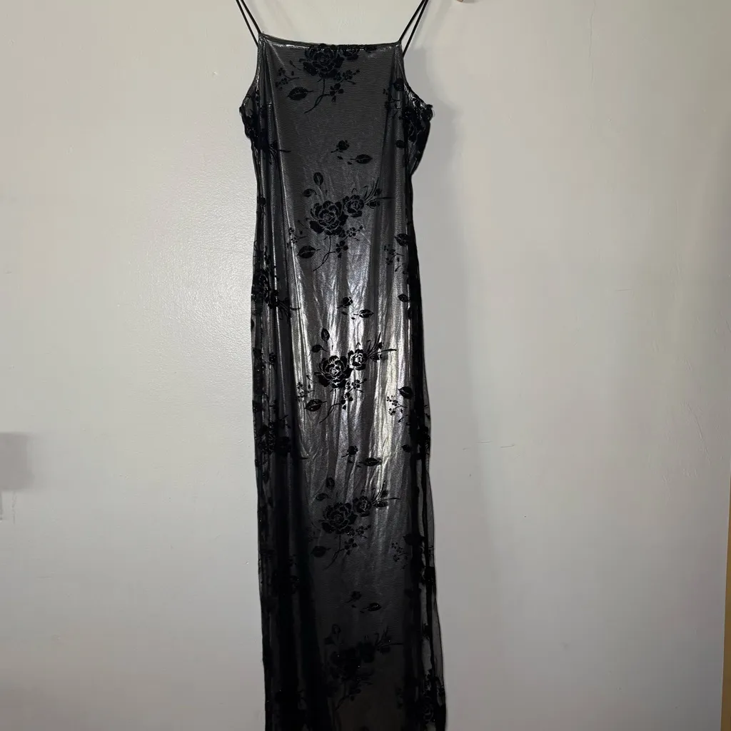 Vintage 90s L.A. Glo Foil‎ Formal Dress Prom S Homecoming Lace Black - Image 2