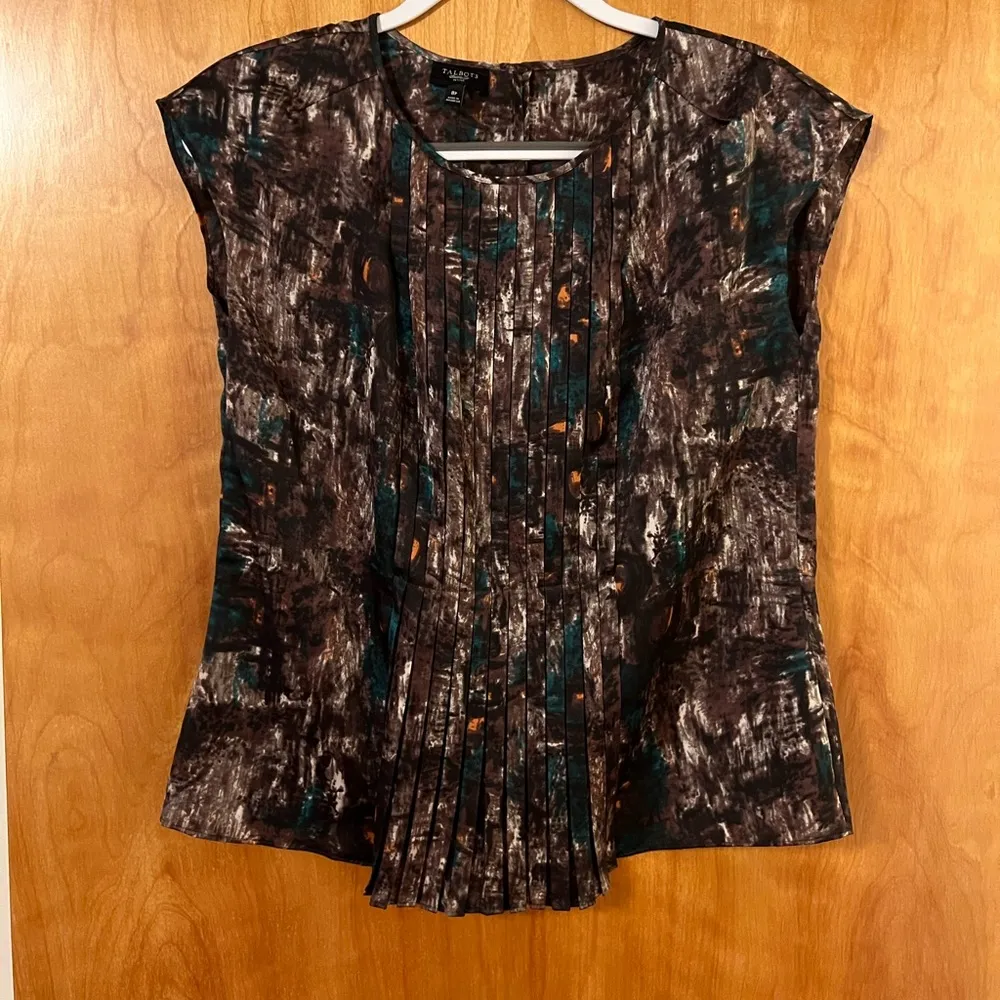 Talbots Sleeveless Top Brown Abstract Pleated Career NWOT Size Petite 8P - Image 12