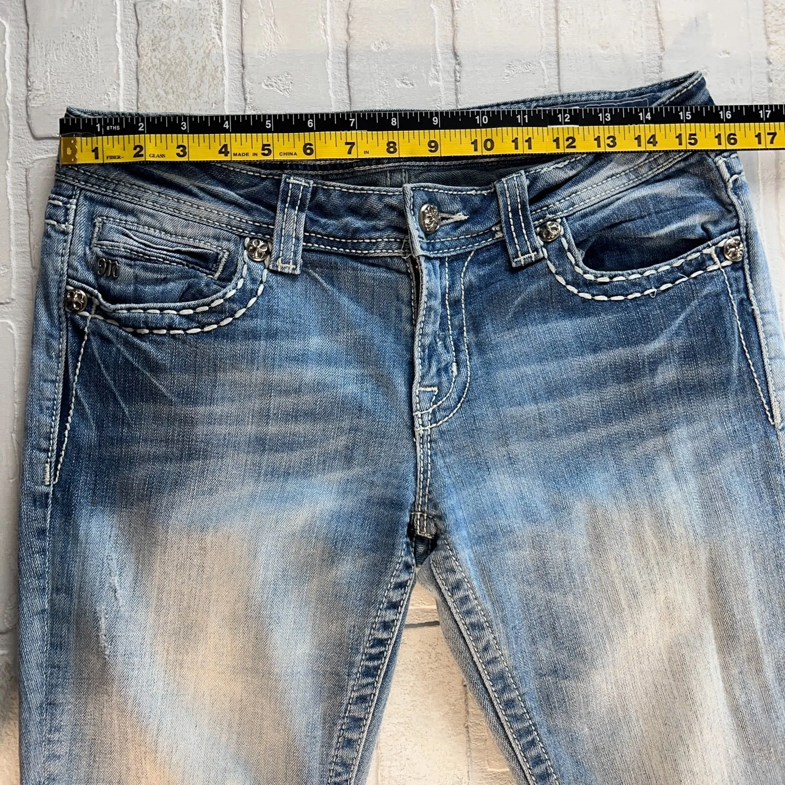 Miss Me Boot Jeans 30 Blue Denim Y2K Cross Bling Studded Pockets‎ Stretch Denim - Image 12