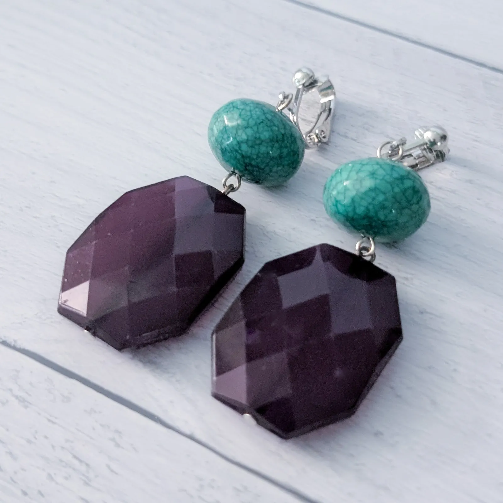 Vintage Clip On Earrings Dark Purple & Turquoise Tone Large Chunky Dangle - Image 6