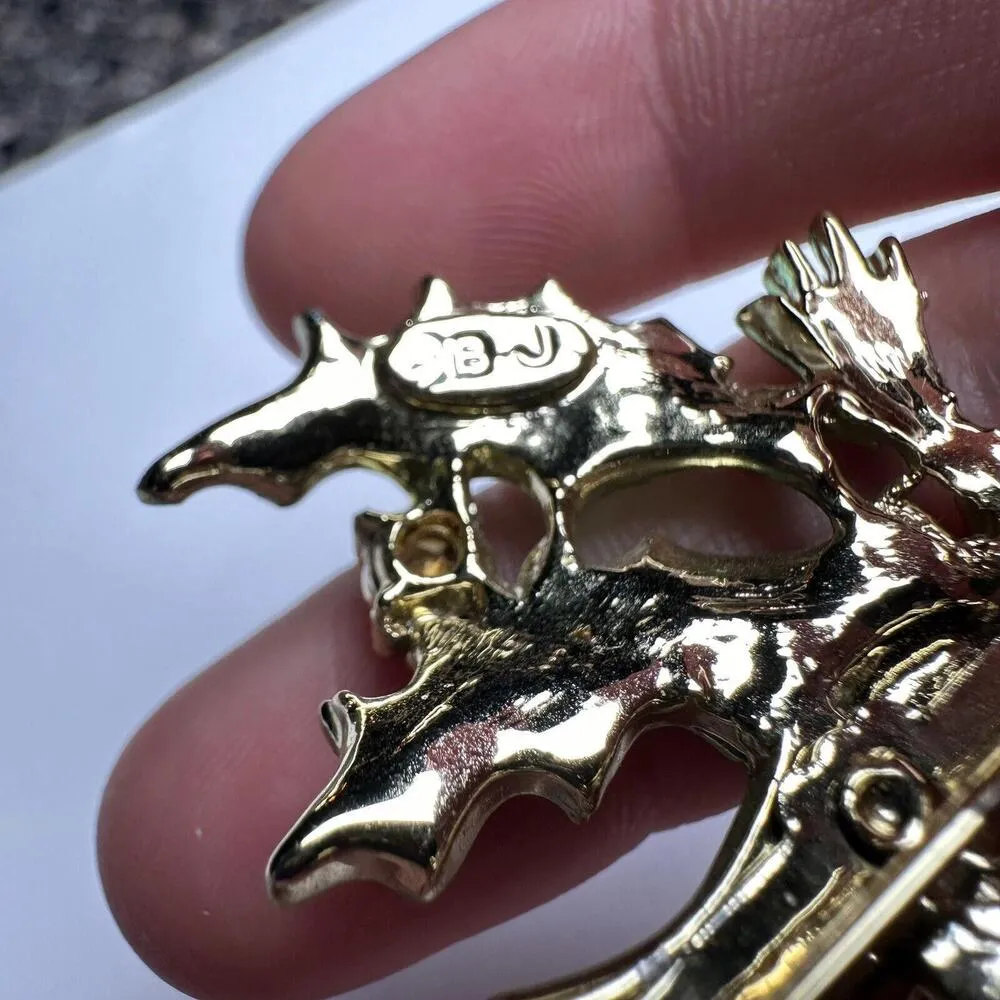 BJ Christmas Candle Red Rhinestone Holly Green Enamel Gold Tone Brooch Pin - Image 5