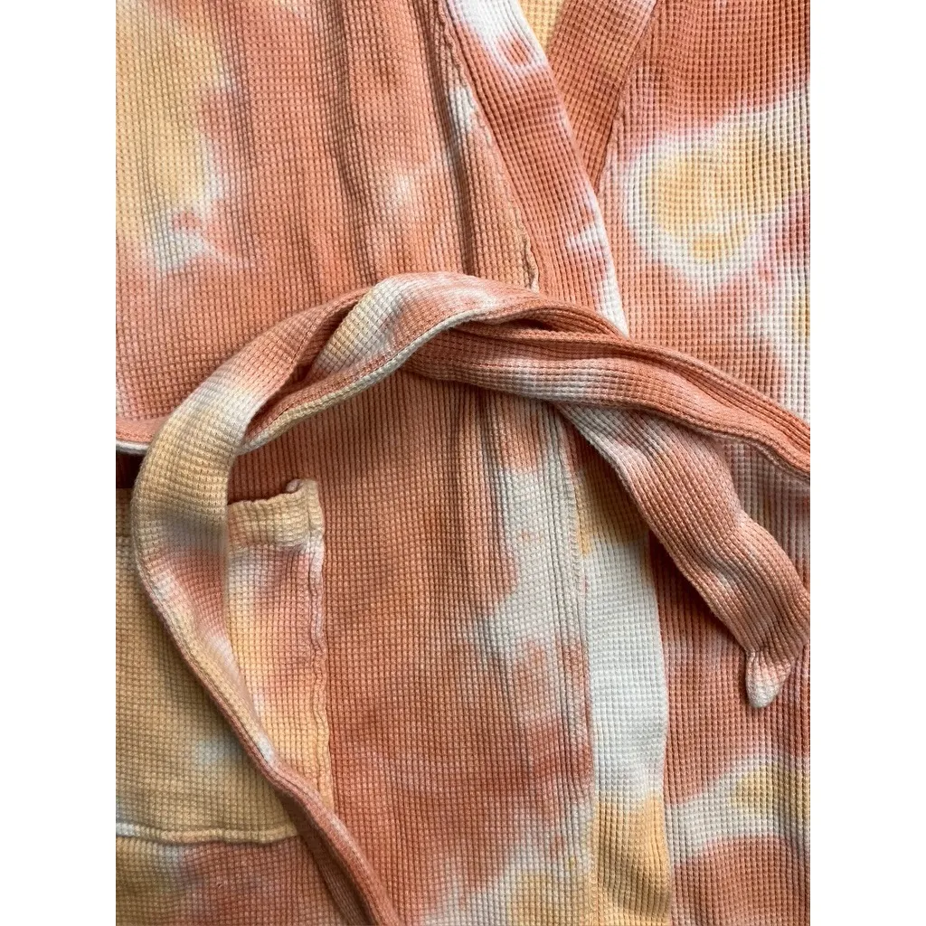 Wild Sage Tie Dye Waffle Knit Robe Coral Orange White Belted Pockets Women's M Size M - Image 5
