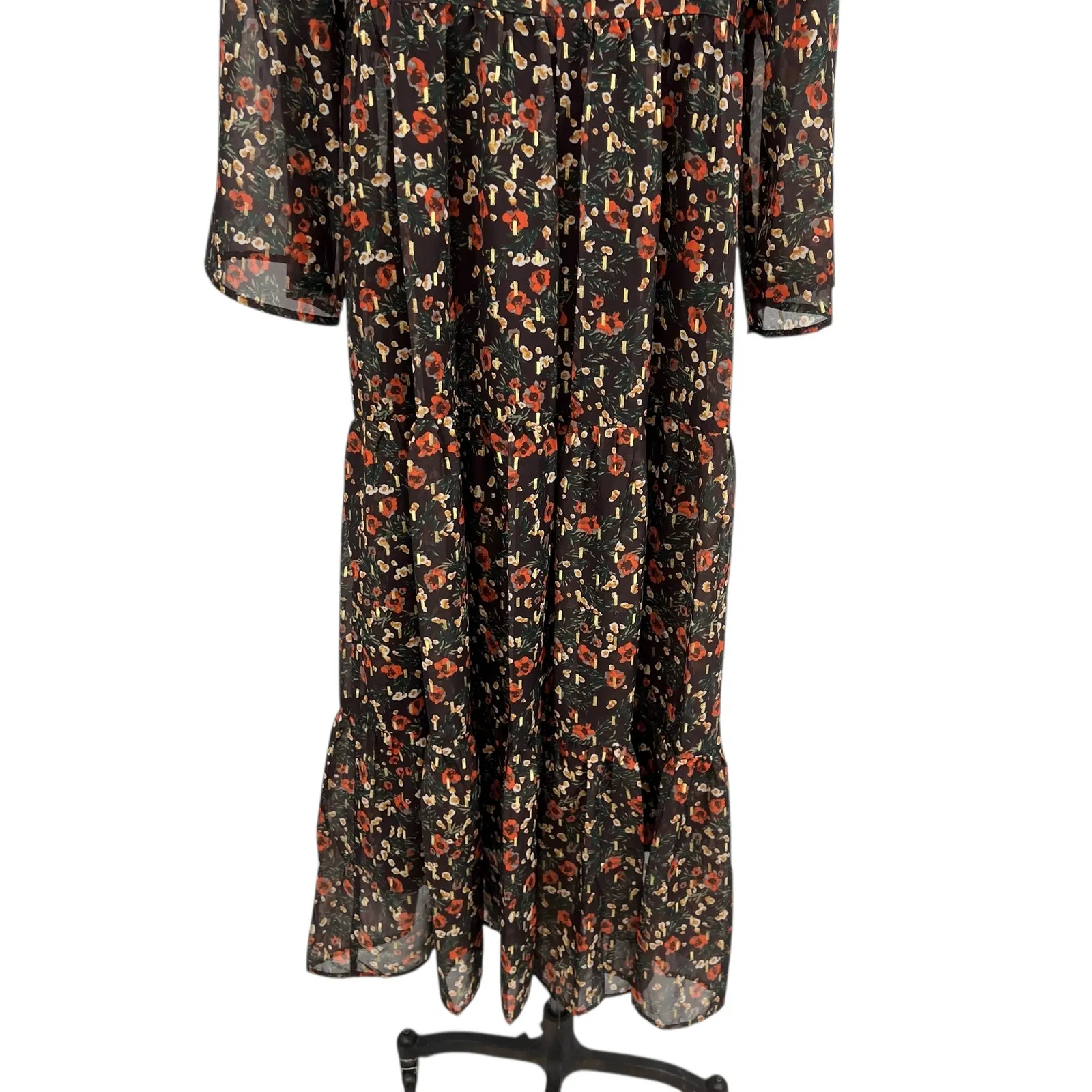 Natural Life Floral Print Midi Dress Kimono Sleeve Brown Red Size Small - Image 9