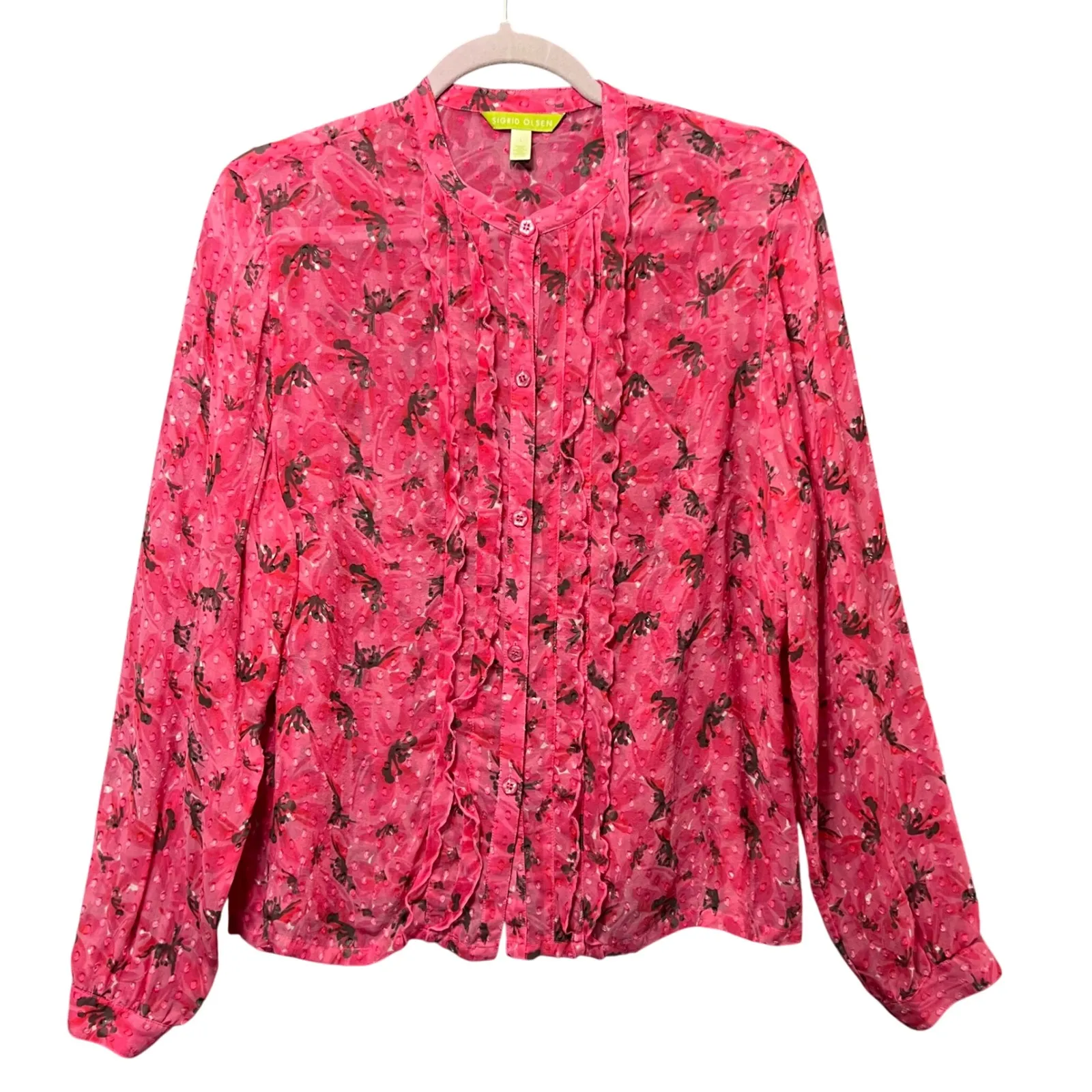 Sigrid Olsen Pink Silk Floral Sheer Ruffle Front Button Down Shirt Blouse Size L - Image 1