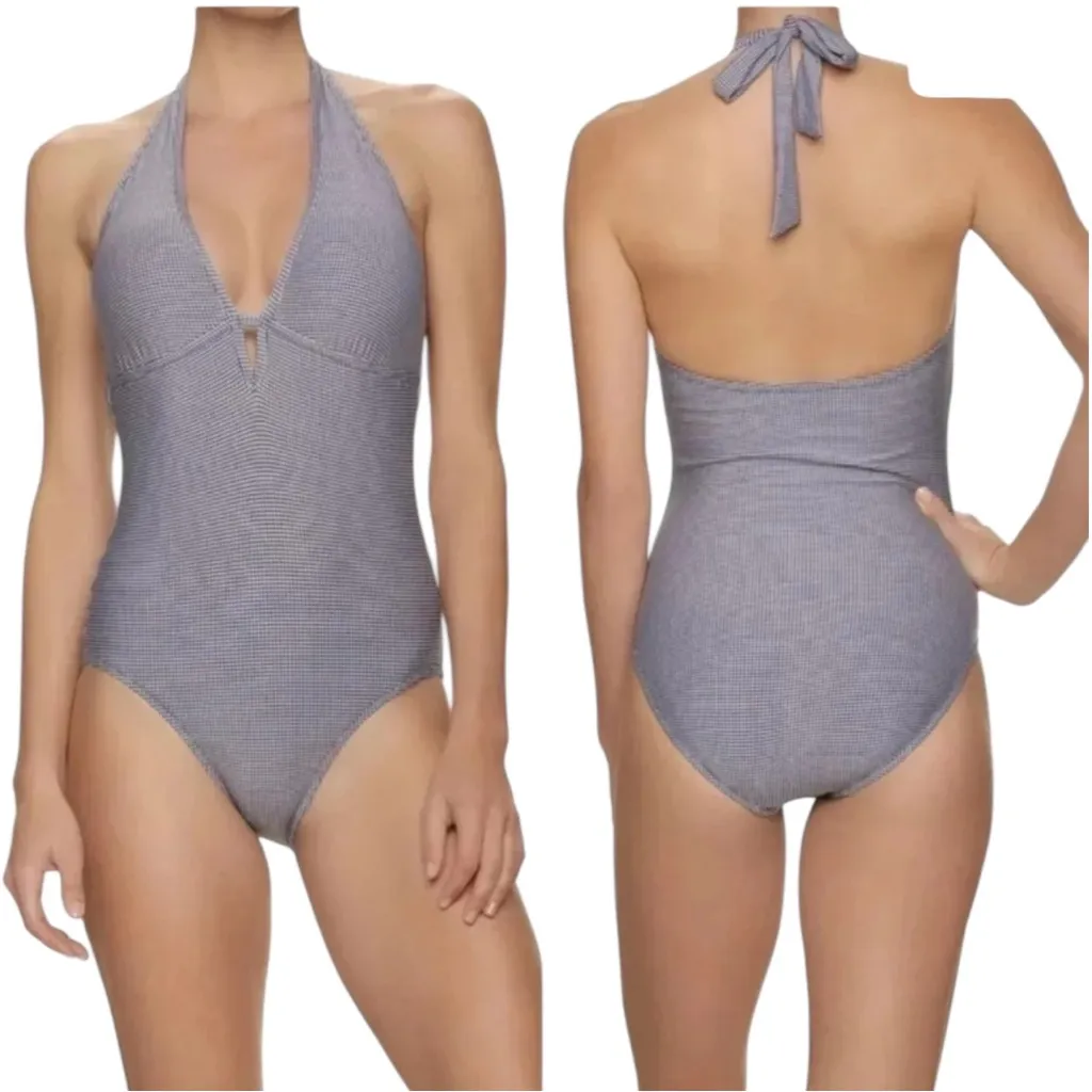 Draper James x Helen Jon One Piece Swimsuit Womens XS Navy Gingham Keyhole USA Blue - Image 2