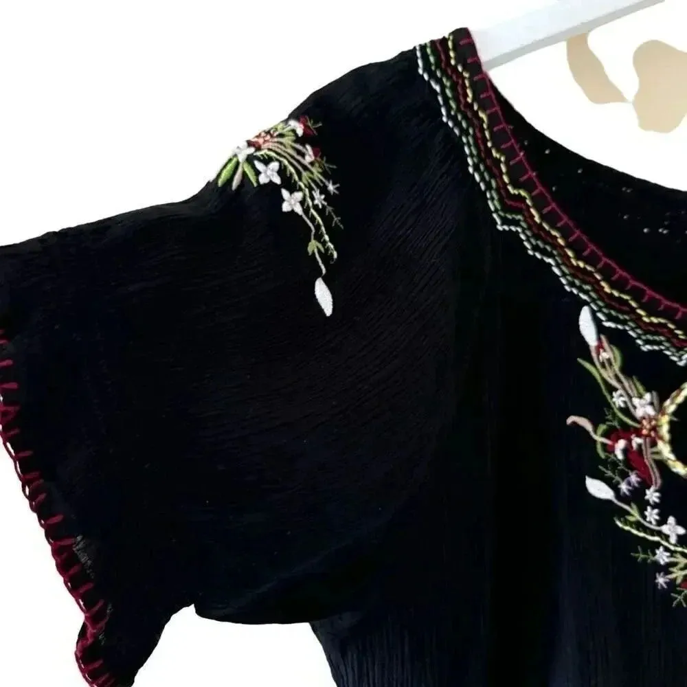 Forbidden Black Embroidered Floral Western Short Sleeves Bohemian Top SZ M #2218 Size M - Image 2